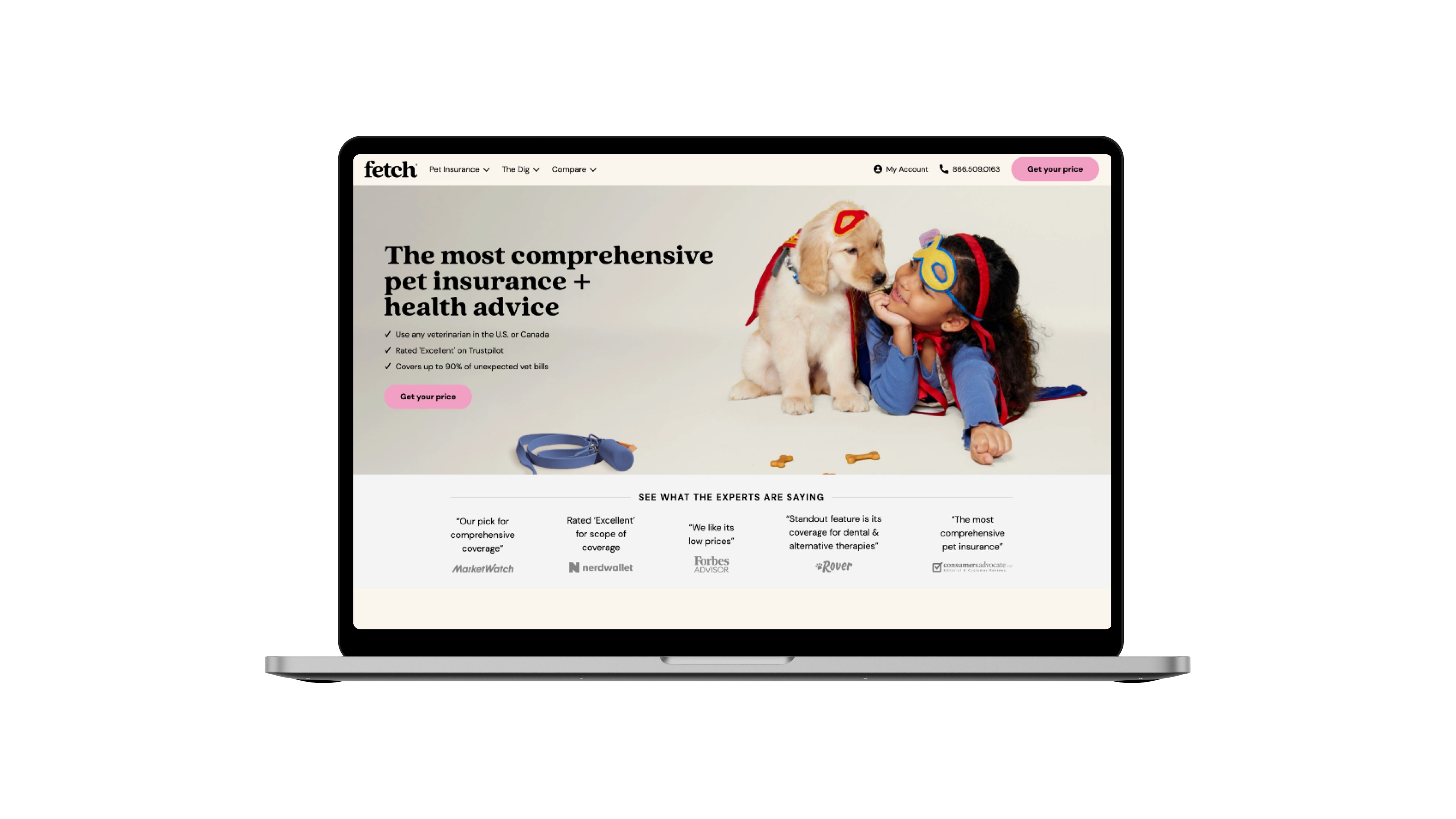 Previous Fetch Pet Insurance homepage on a laptop screen.