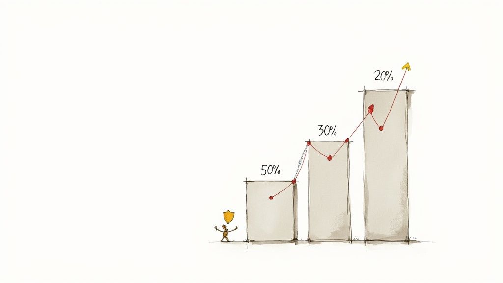 A stick figure with a shield stands beside a bar chart showing increasing progress and streamlining success.