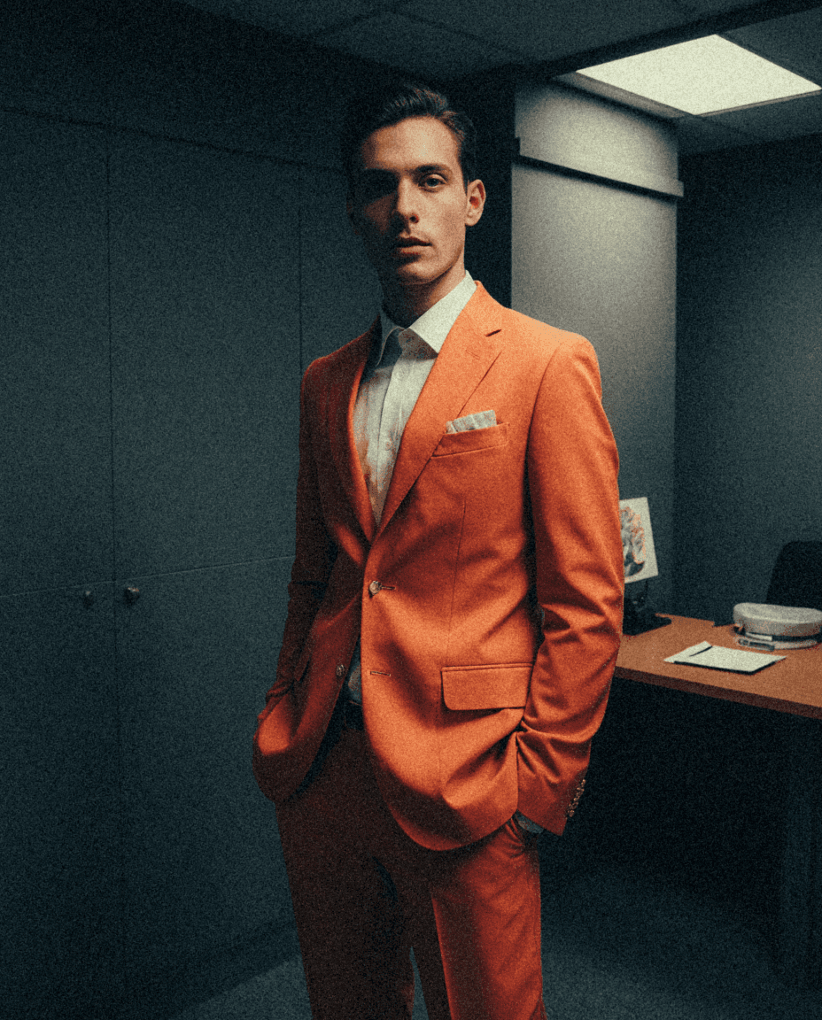 man in a orange suit in a concrete minimal background