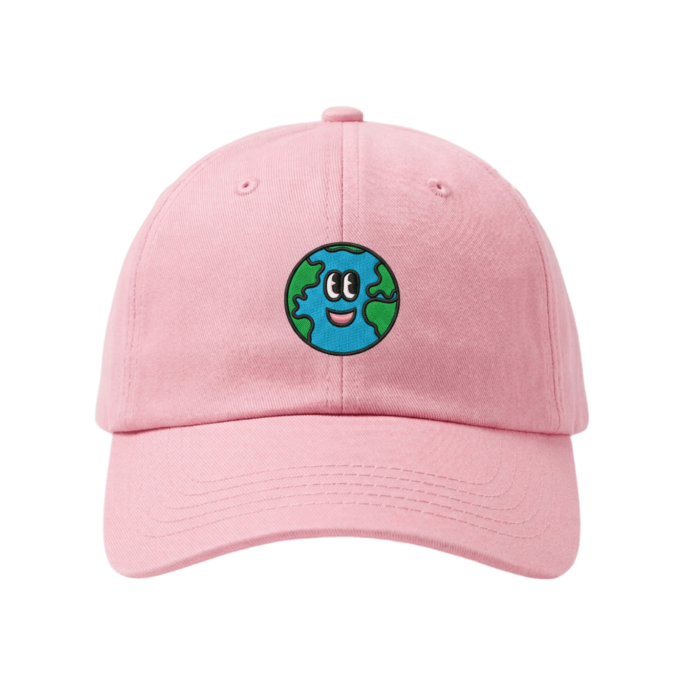 Pink baseball cap with a cartoon Earth design on a transparent background