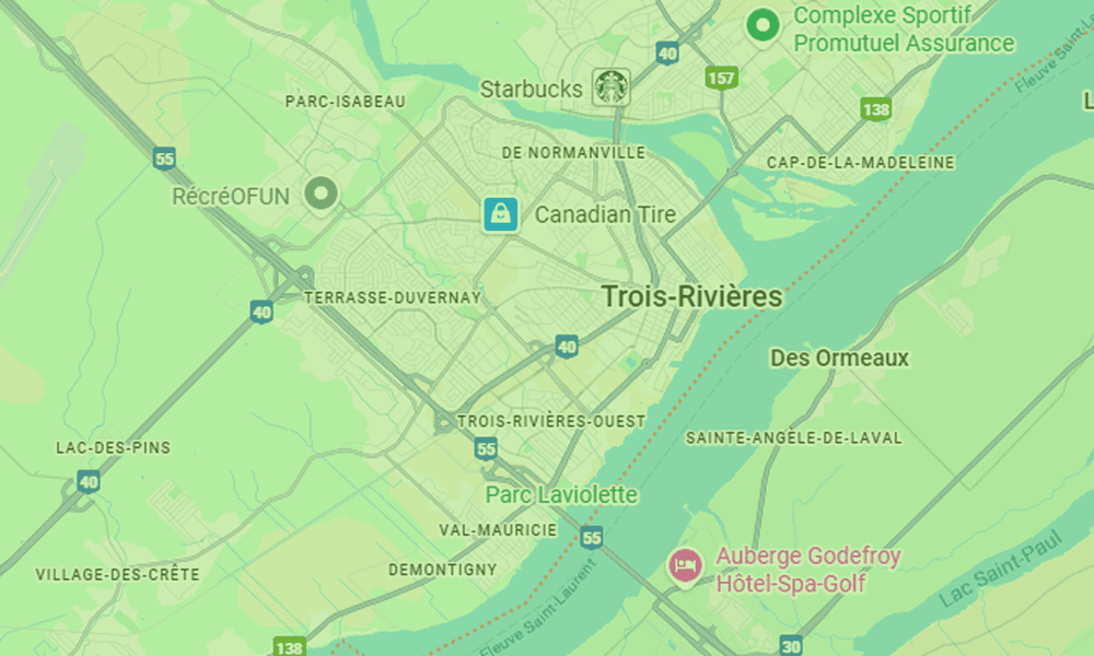 Carte montrant la zone de Trois-Rivières étant desservie par B2Web, agence de création de site web au Québec