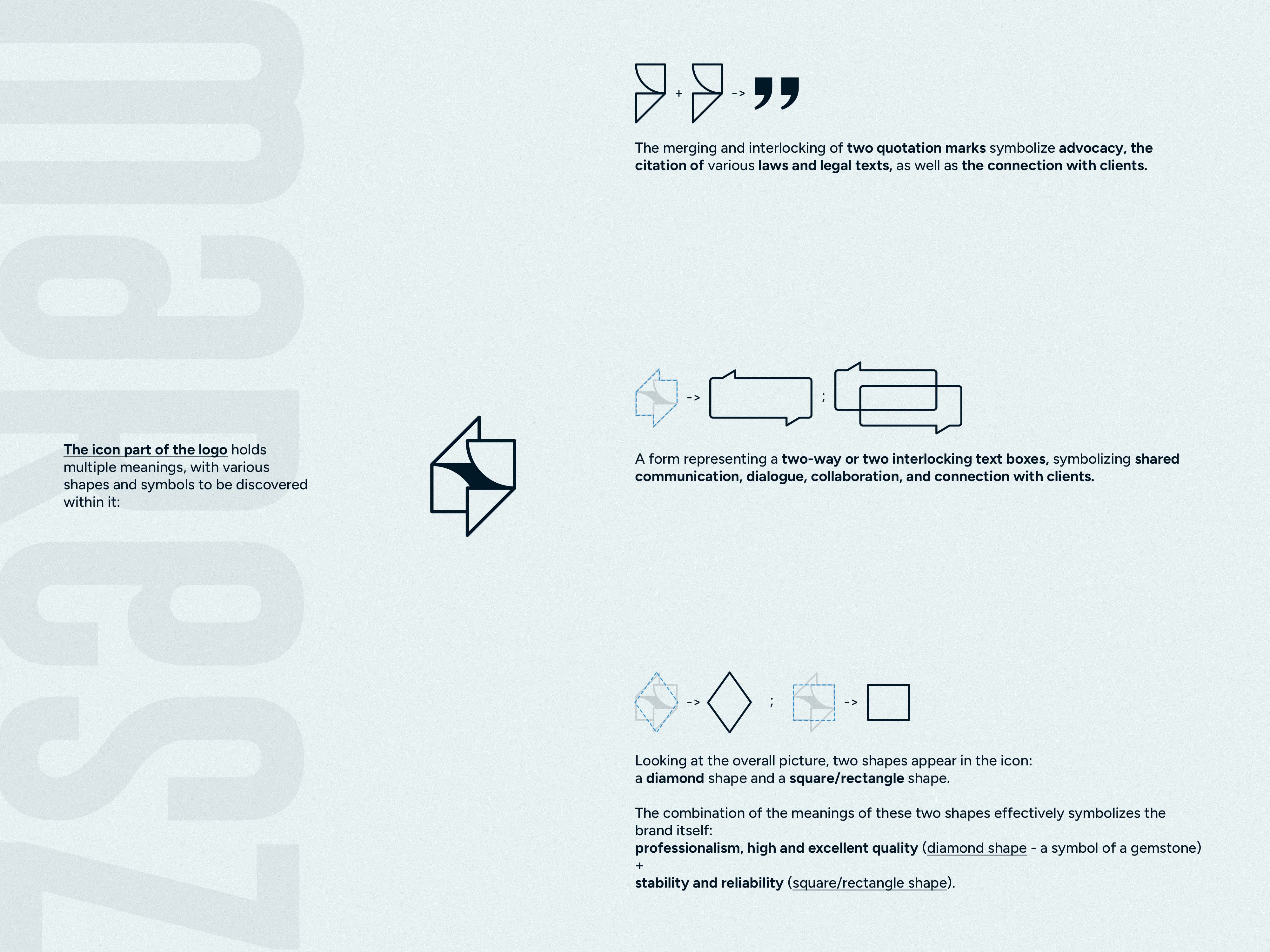 Diagram explaining the logo icon built from quotation marks, speech bubbles, and geometric shapes - MaReSz, an event association brand identity.