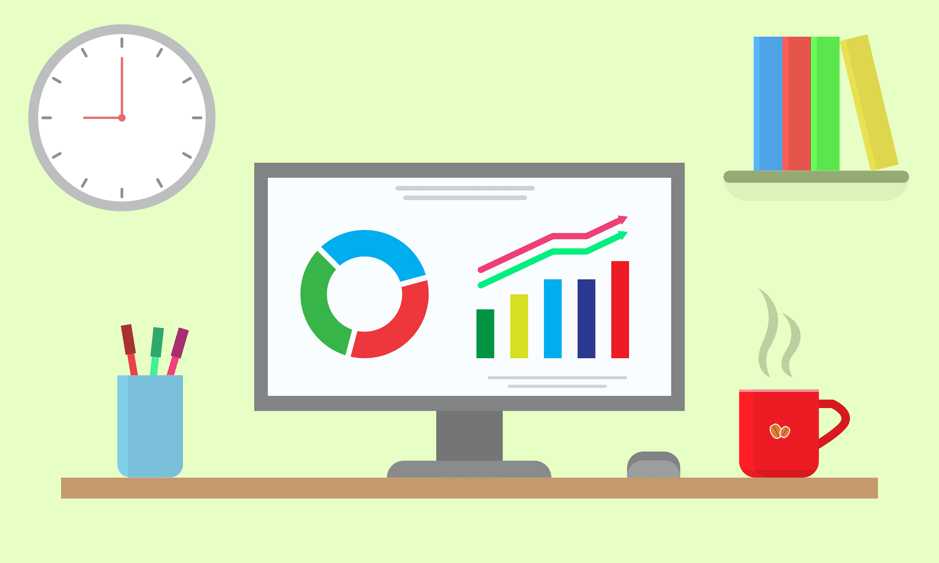 Illustration of a workspace with a computer monitor displaying charts and graphs, surrounded by a clock, books, stationery, and a steaming red coffee mug on a desk.