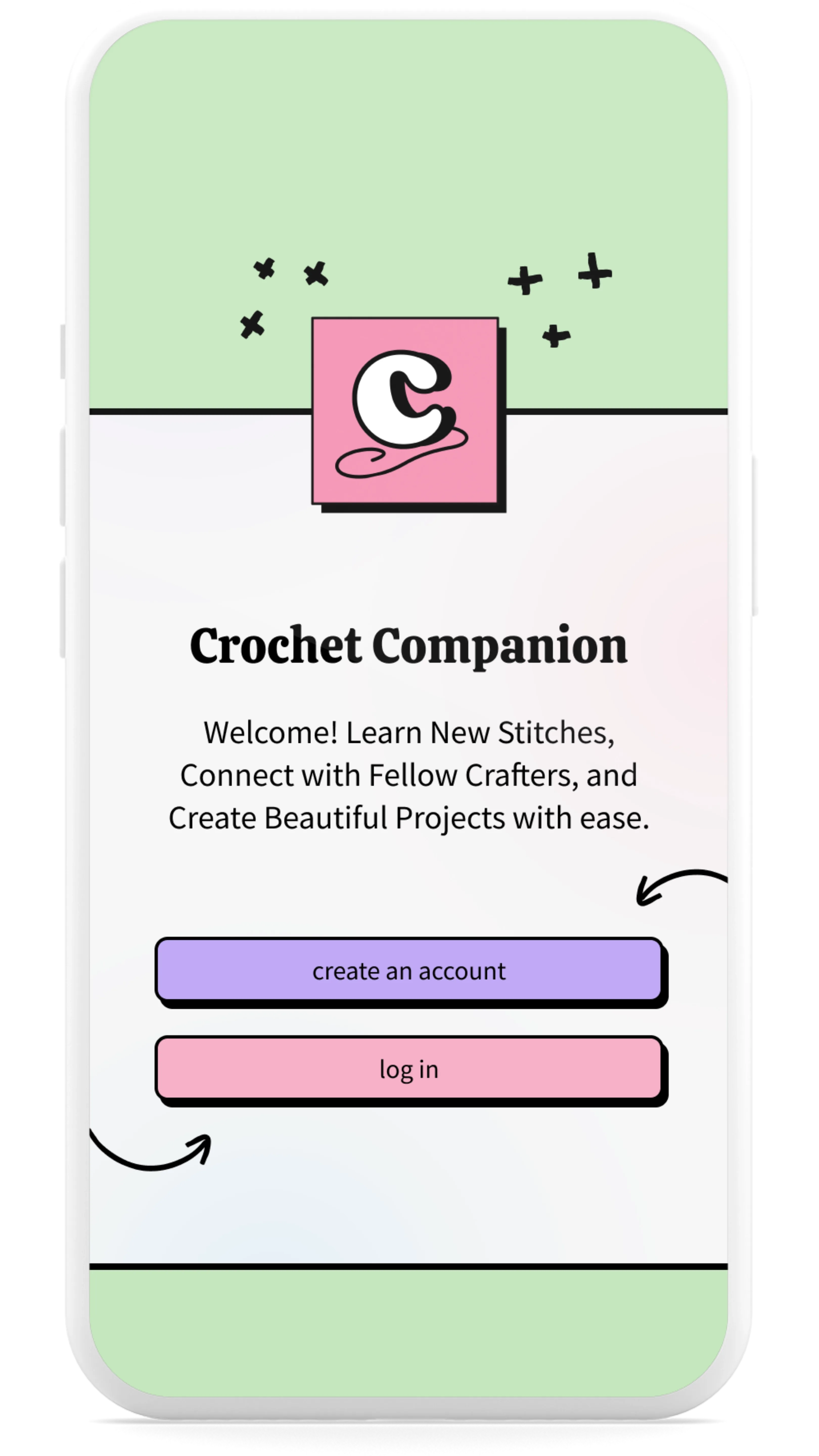 Mobile app welcome screen titled 'Crochet Companion,' featuring a pastel green and pink background, a playful logo, and buttons for creating an account or logging in.