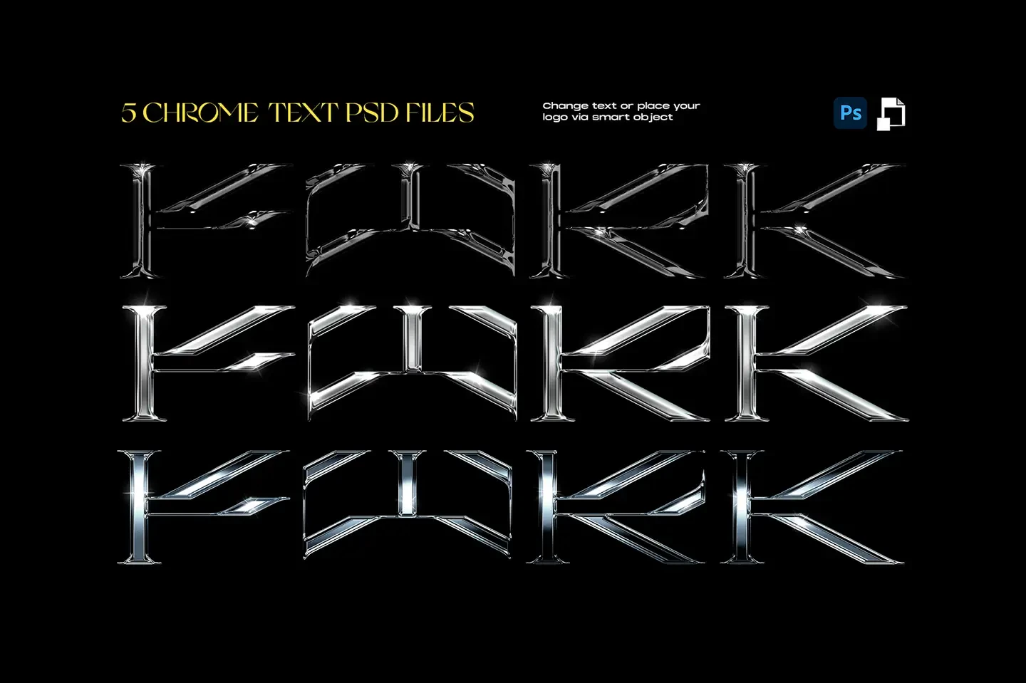 Chromatic Toolkit five realistic shiny chrome text PSD effects with silver metallic 3D typography styles