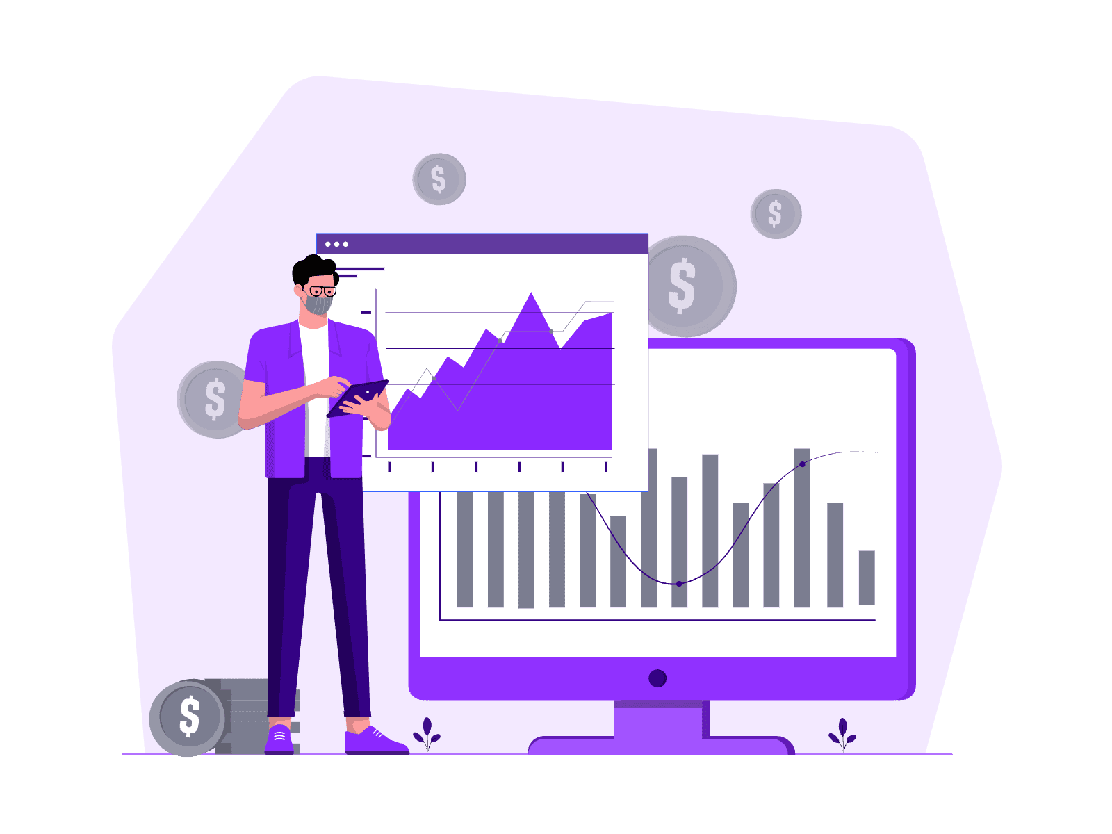 A man analyzing charts displayed on two large screens.