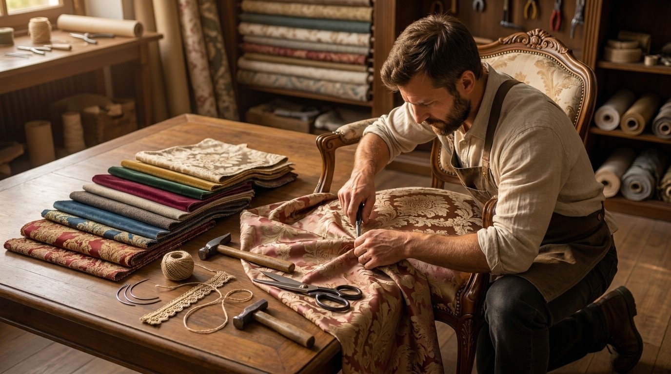 Furniture restorer cutting patterned fabric for a carved antique chair