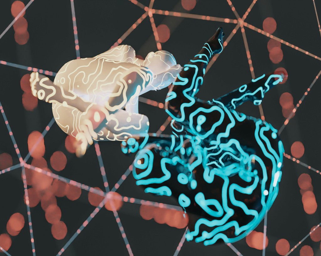 A digital abstract artwork featuring two stylized humanoid figures, one white and one black, with glowing, circuit-like patterns. They appear to be interacting or merging within a web of interconnected nodes and lines, set against a dark background with red and orange highlights. The image evokes themes of technology, connectivity, and the blending of human and digital elements.