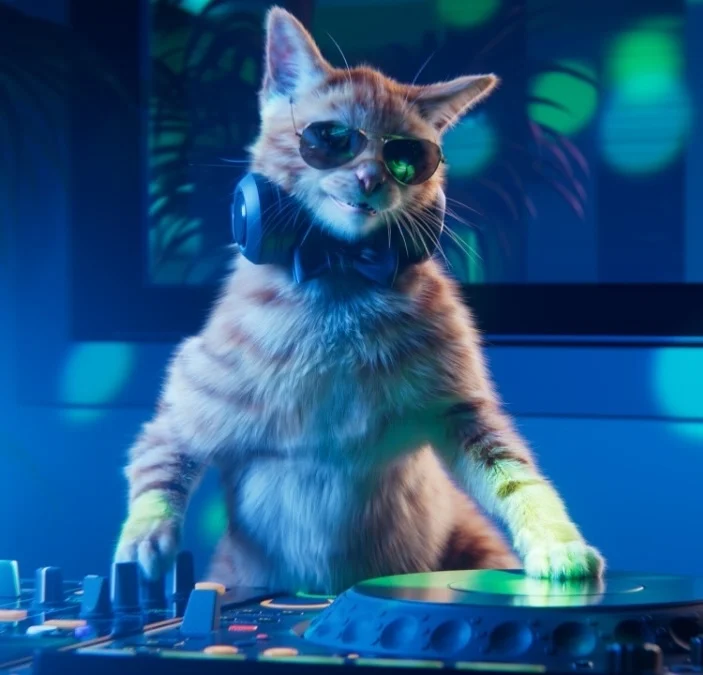 A Cat satirically wearing sunglasses operating a DJ mixer