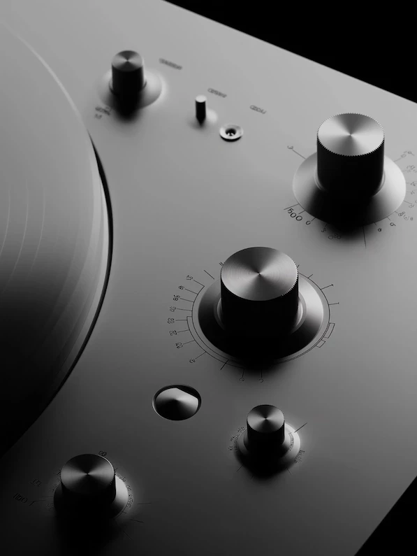 Close-up view of grey audio interface