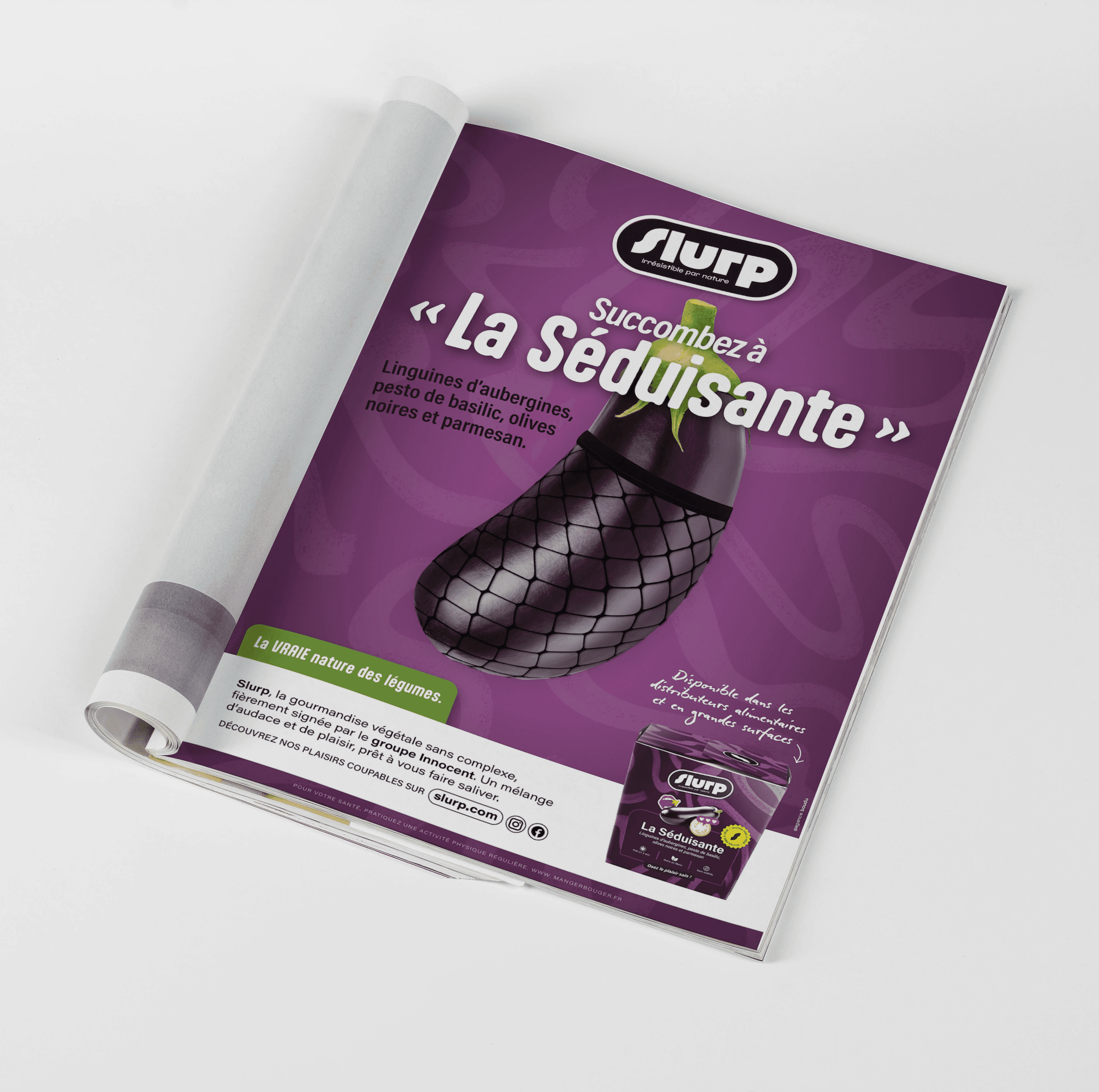Annonce presse pour slurp, visuel publicitaire, pack shot produit et body texte 
