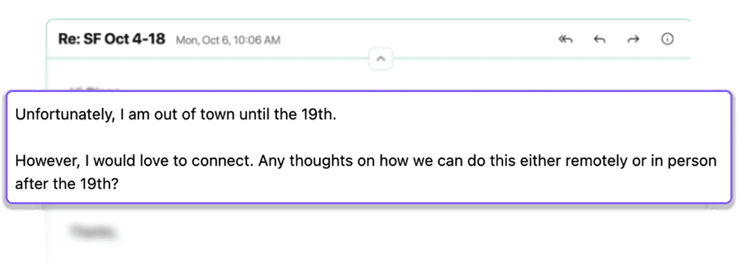 Re: SF Oct 4-18, "I would love to connect. Any thoughts on how we can do this?"