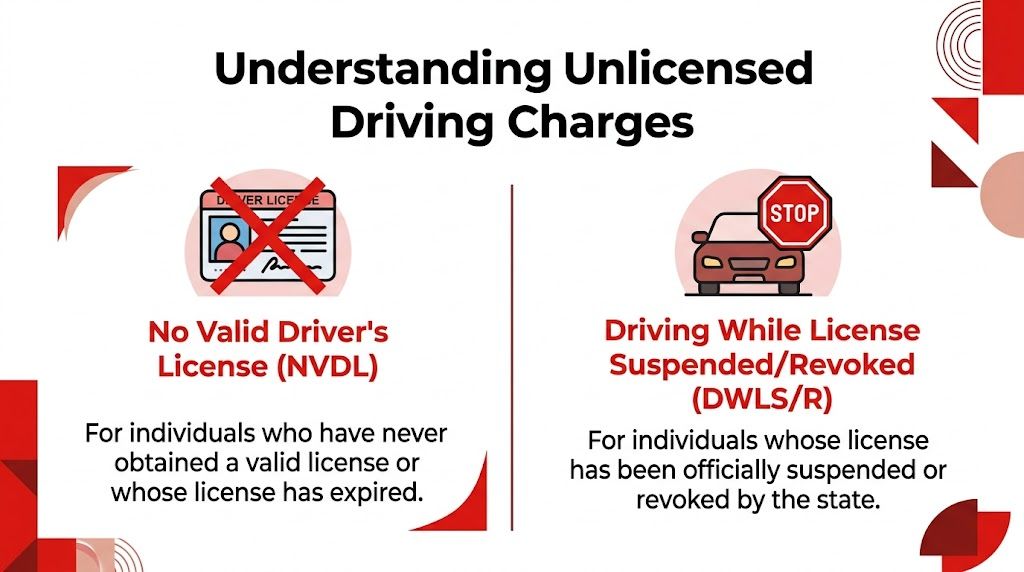An infographic explaining unlicensed driving charges including no valid license and driving while suspended or revoked.