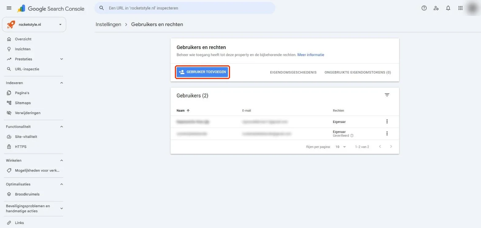Het scherm Gebruikers en rechten in Google Search Console, met de knop Gebruiker toevoegen