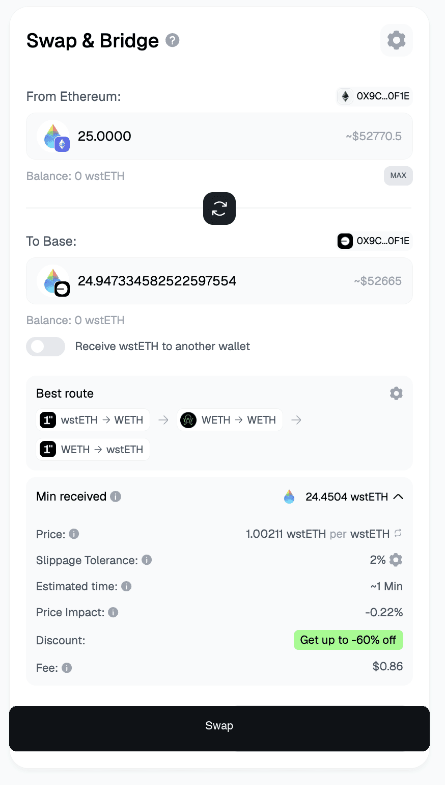 Bridge to wstETH — live route: 25 WETH (Ethereum) → wstETH (Base) · Symbiosis
