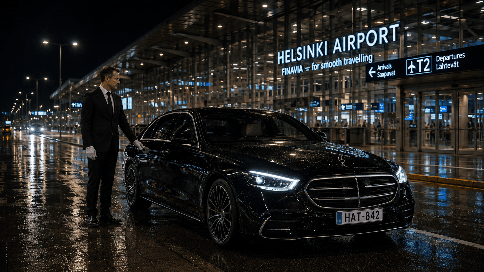 Private airport transfer driver with name sign at Helsinki Airport arrivals hall