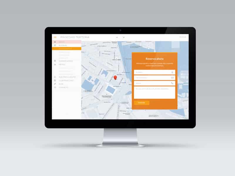 Pantalla de computadora mostrando formulario de reserva para Pinocchio Trattoria en mapa interactivo.