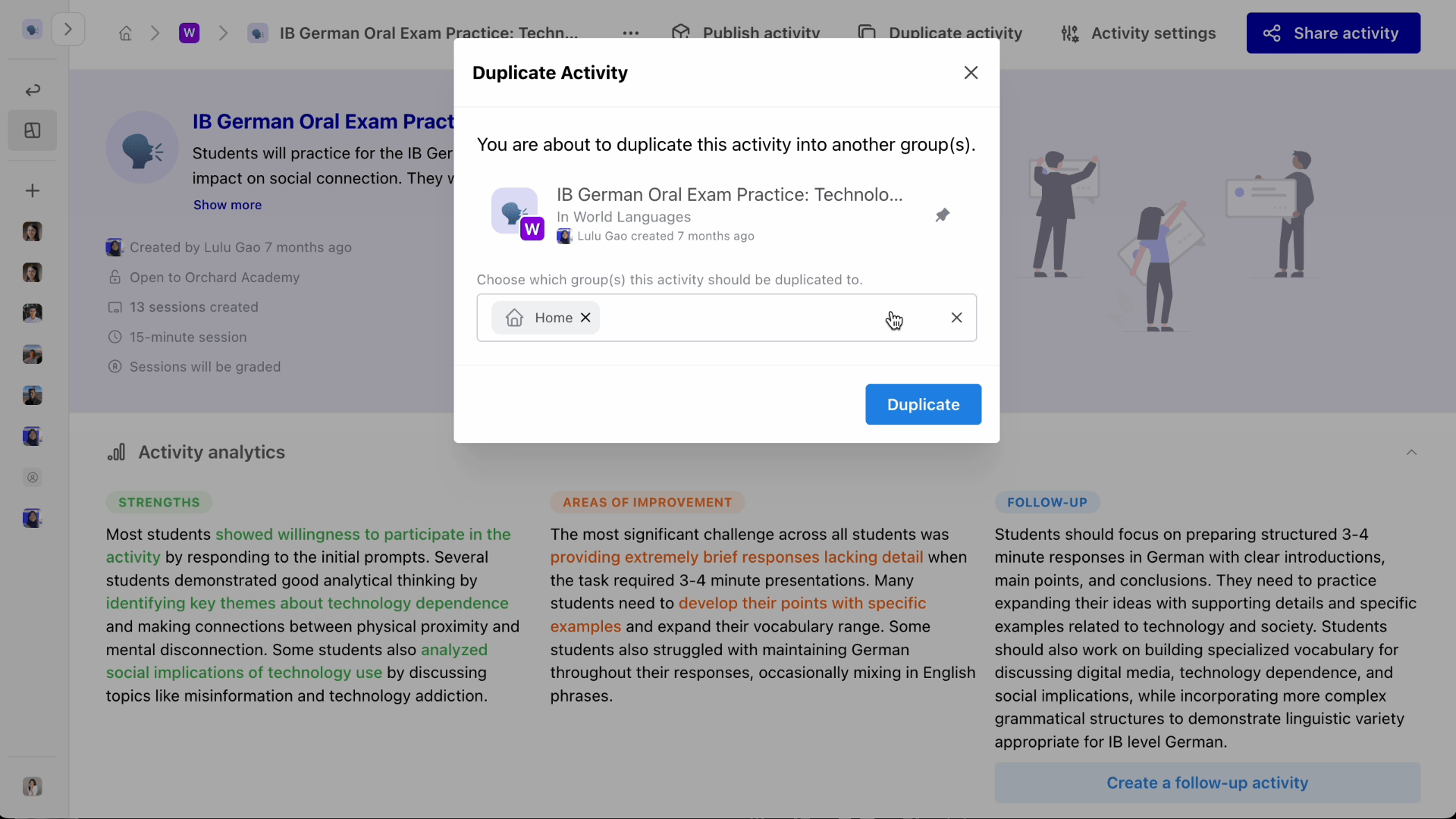 GIF showing how activities can now be duplicated into multiple groups