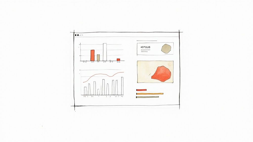 A digital dashboard on a tablet screen showing colorful data visualizations and charts.