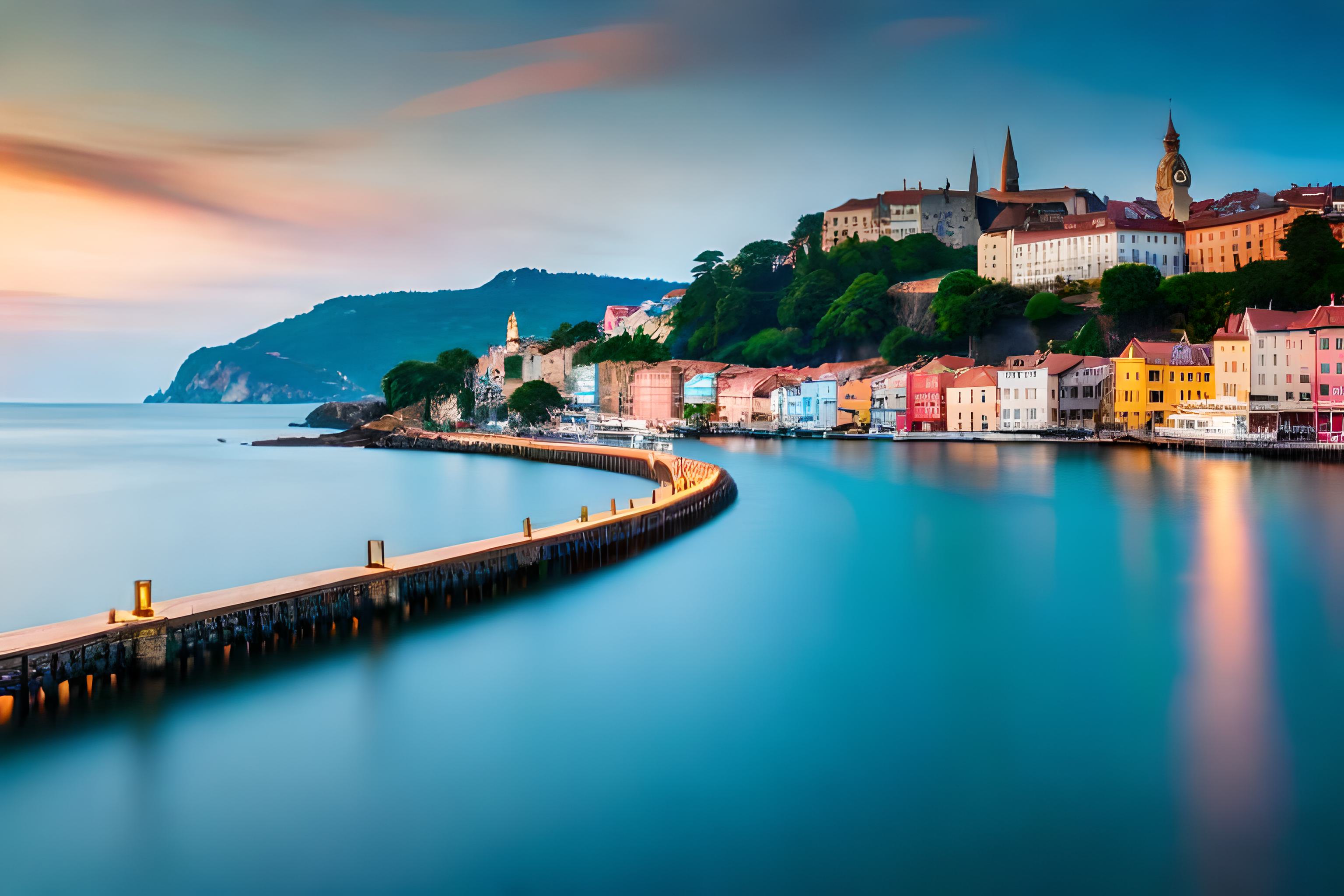 red train travelling near body of water