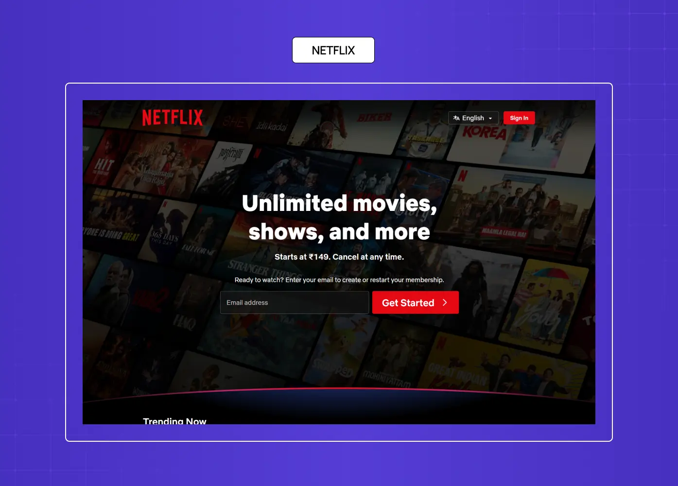 Netflix homepage featuring movie and TV show streaming promotions with a dark cinematic interface.
