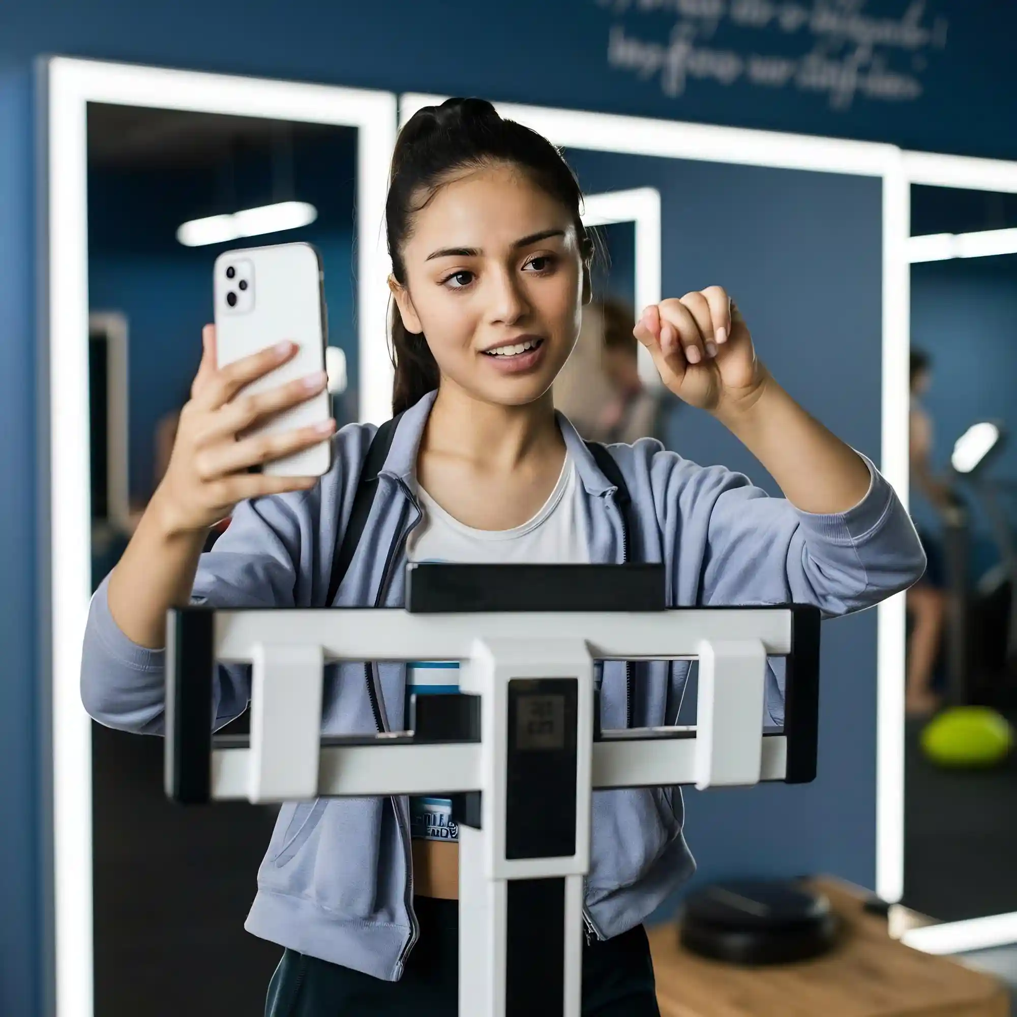 A woman films a workout video on her phone.