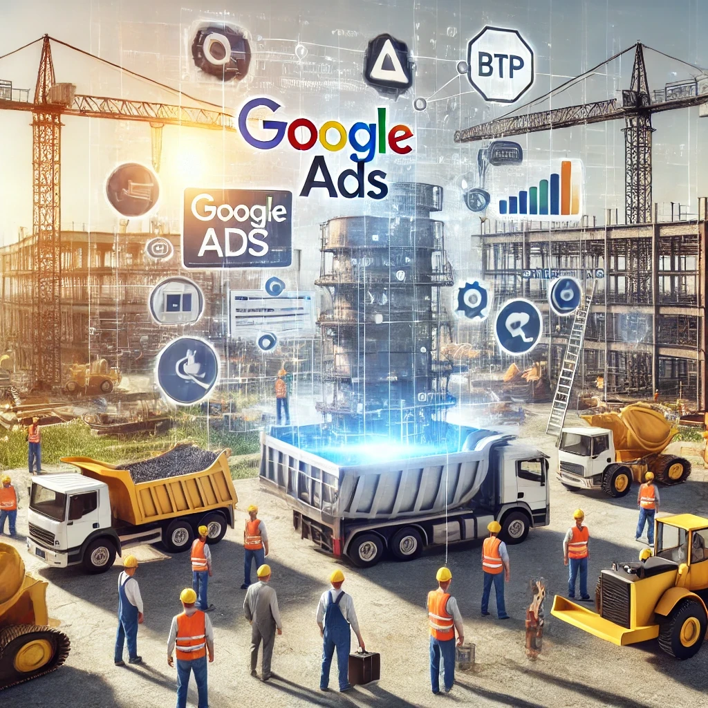 Un écran affichant une interface de création de campagne Google Ads, avec un fond symbolisant le secteur du BTP (chantier, machines, ouvriers), pour illustrer la connexion entre la publicité en ligne et les entreprises de construction.