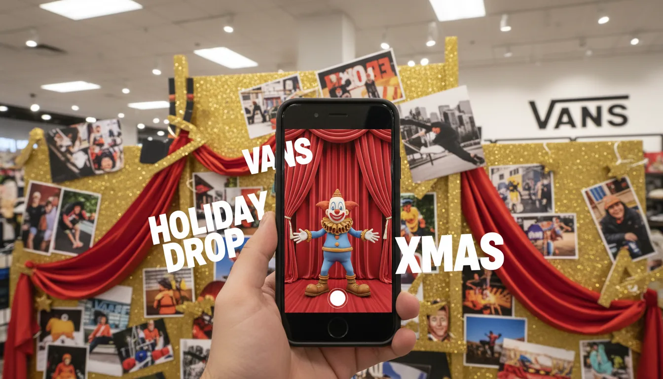 DSLR photograph from a point-of-view perspective, a hand holds a smartphone showcasing an Augmented Reality (AR) application inside a Vans retail store. The phone is aimed at a festive, chaotic collage-style holiday display made from gold glitter paper, photo cutouts, and red fabric. On the phone screen, the AR layer shows a 3D animated claymation clown figure in front of a red curtain with large, abstracted white text elements. The scene is shot with bright, even retail store lighting and has a sharp focus, highlighting the glossy phone screen against the textured physical display. The black and white Vans store sign is visible in the background.