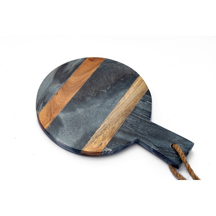 Round stone and acacia wood serving board with rope handle