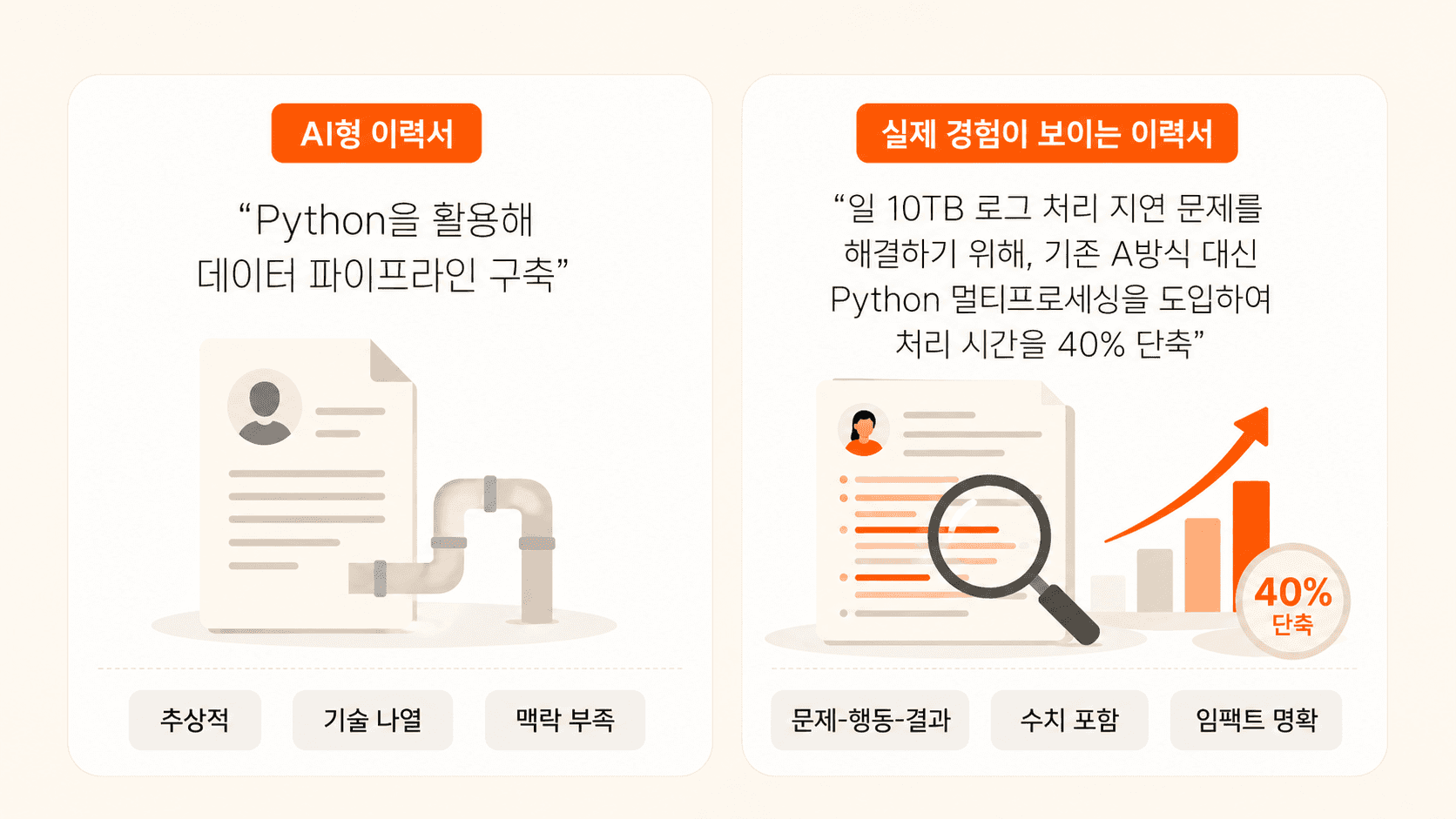 AI가 작성한 이력서와 실제 경험이 보이는 이력서 비교.