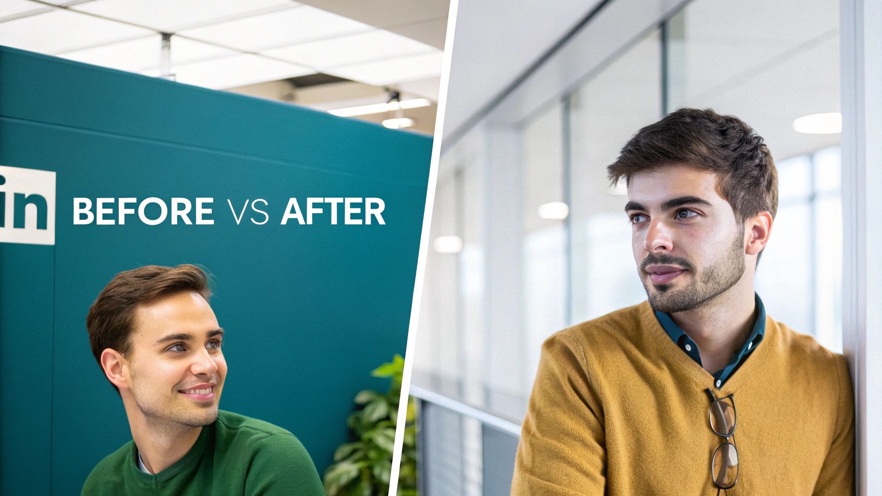 Split image showing a man's before and after transformation, with LinkedIn branding.
