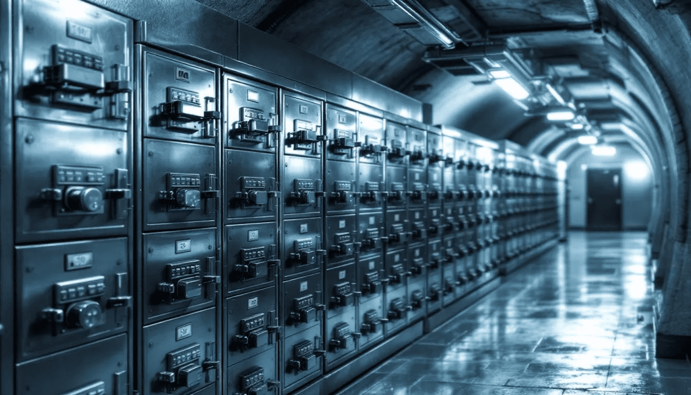The image depicts a secure underground vault filled with multiple safety deposit boxes, symbolizing various cold storage solutions for digital assets. This setting emphasizes the importance of safeguarding client assets and managing risks in the cryptocurrency custody space for institutional investors and individual users alike.