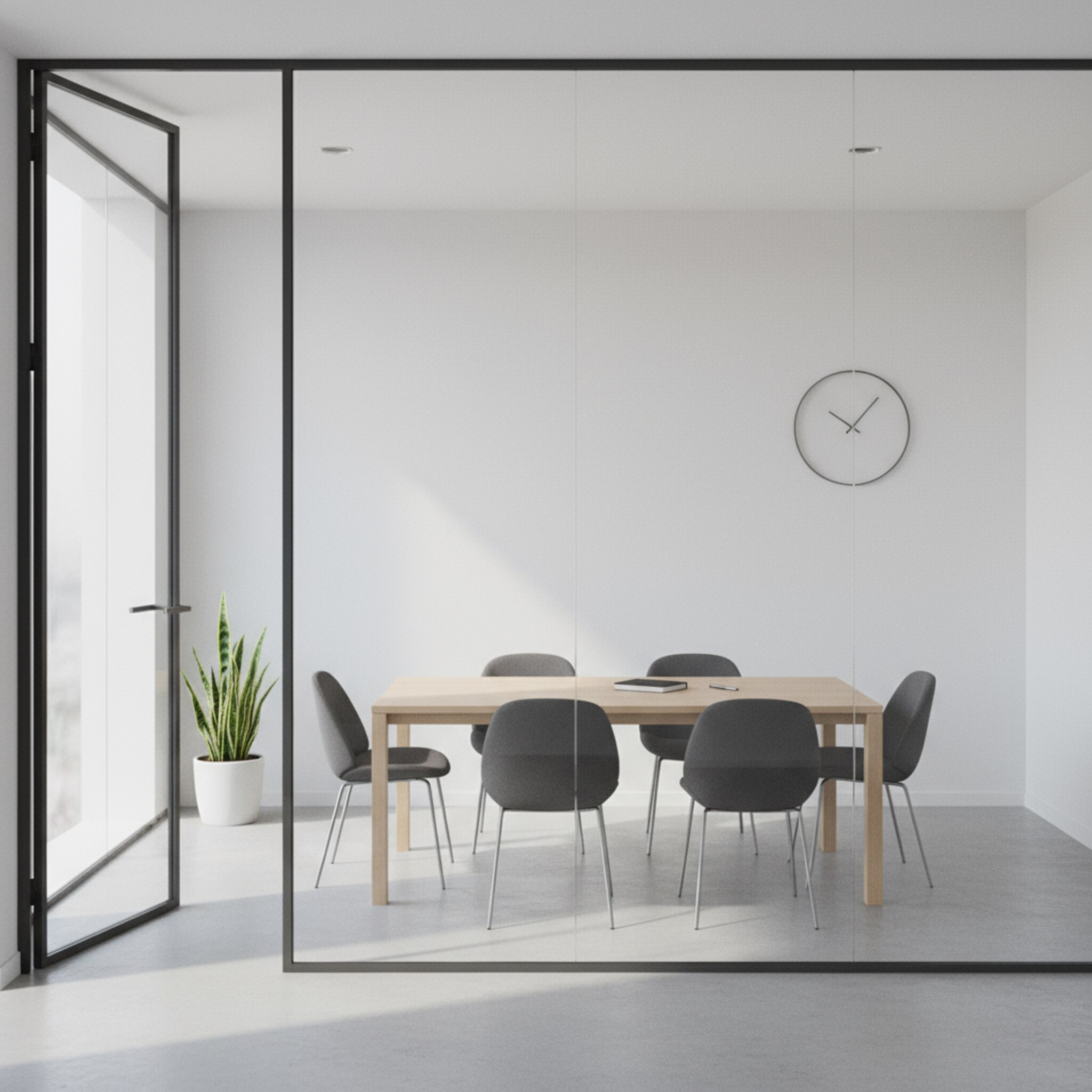 Ein neutral eingerichteter Besprechungsraum in einem Kundenstandort, mit Glaswänden und einem langen Holztisch. Sechs gleichmäßig ausgerichtete Stühle warten auf das nächste Meeting. Durch die offene Tür fällt sanftes Tageslicht auf den Boden. Die Szene vermittelt klare Zugehörigkeit und Verfügbarkeit ohne Ablenkung.