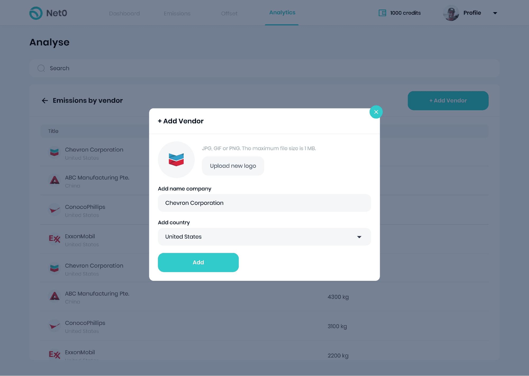add new vendor screen chevron example carbon accounting software