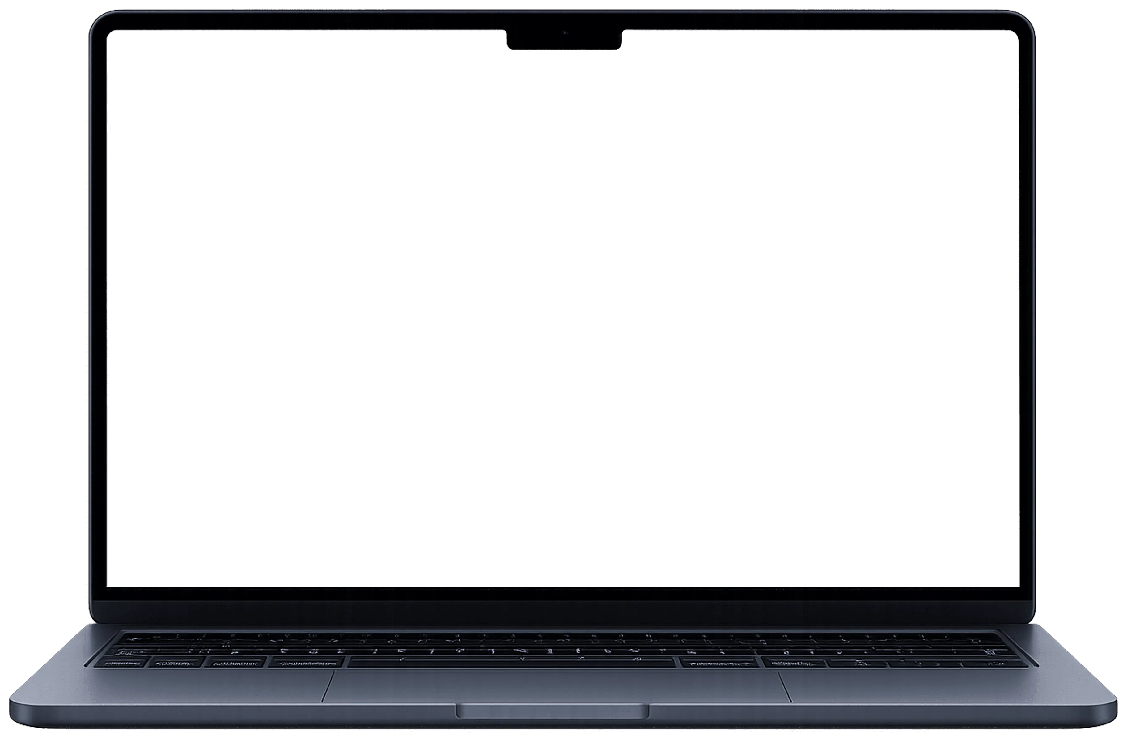 Dark gray laptop with black screen, front view.