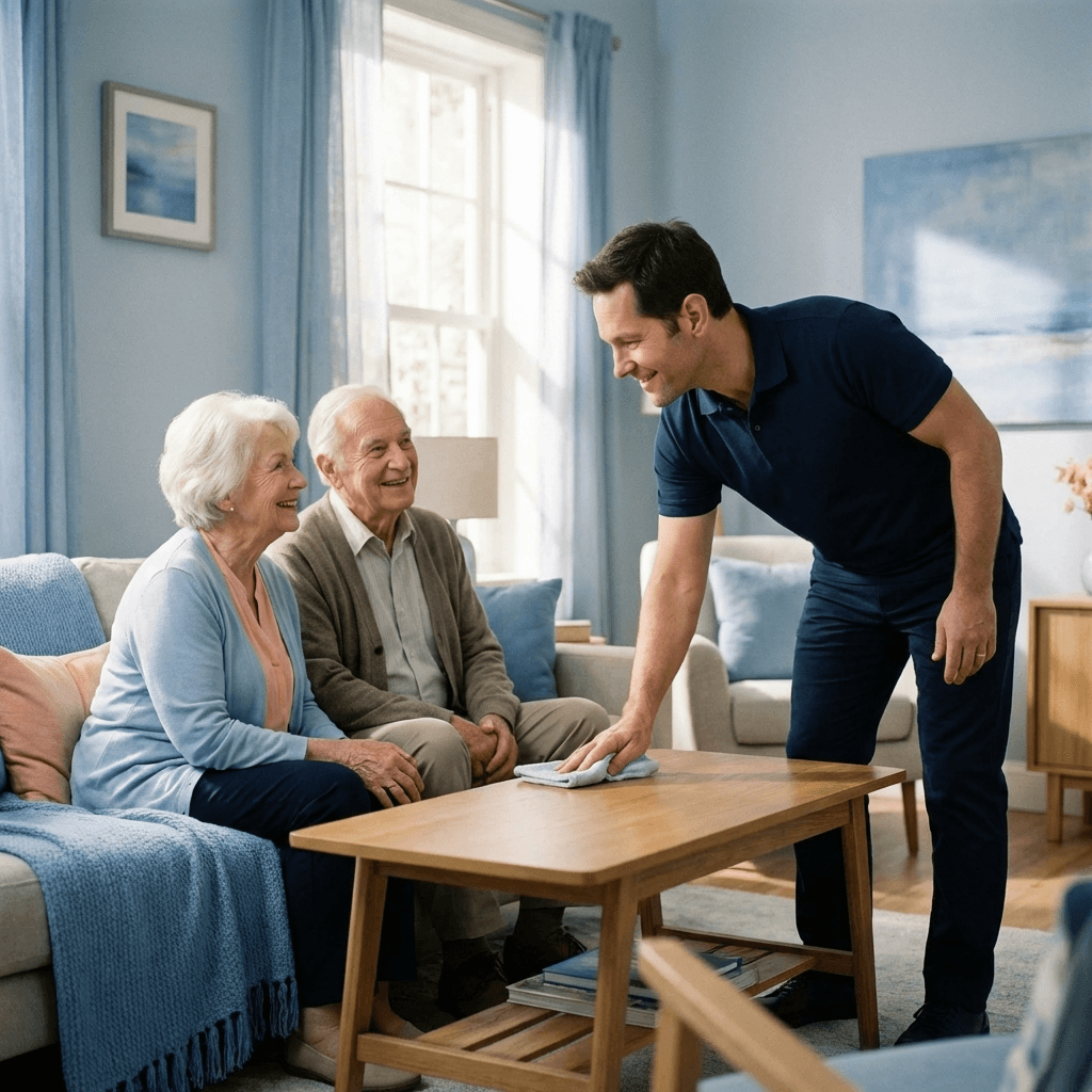 Un jeune homme souriant effectue le ménage en essuyant une table basse en bois, face à un couple de seniors ravis.