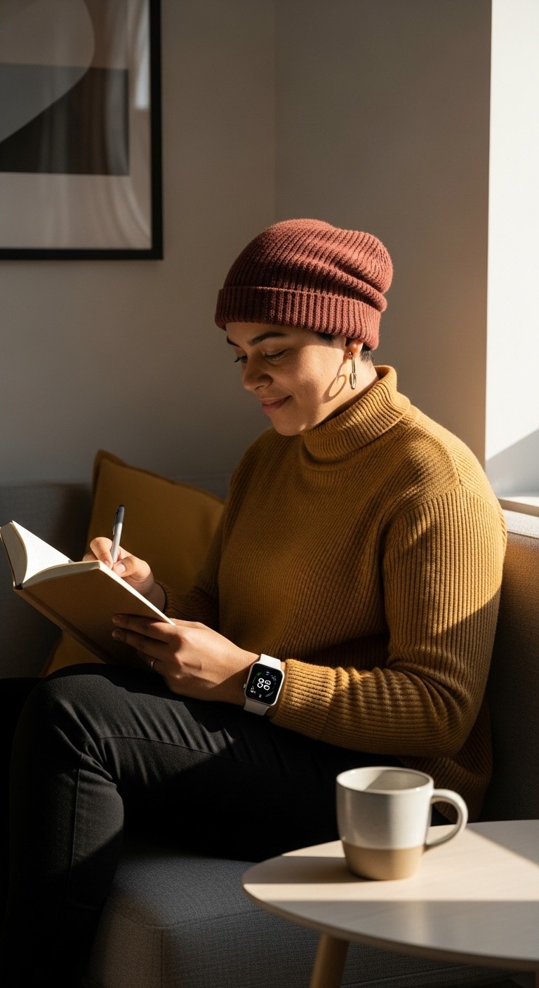 Woman writing and smiling