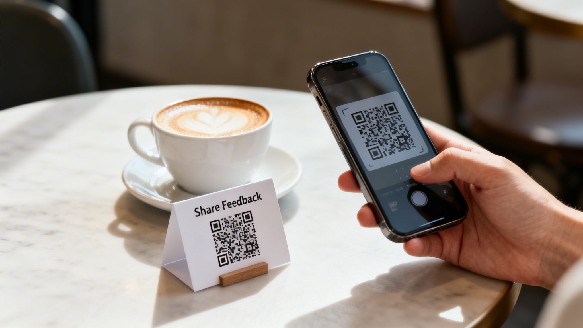 A person's hand holds a smartphone, scanning a QR code on a 'Share Feedback' sign next to a latte.
