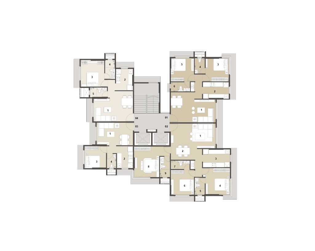 Typical floor plan showing two spacious apartment units and central lift lobby