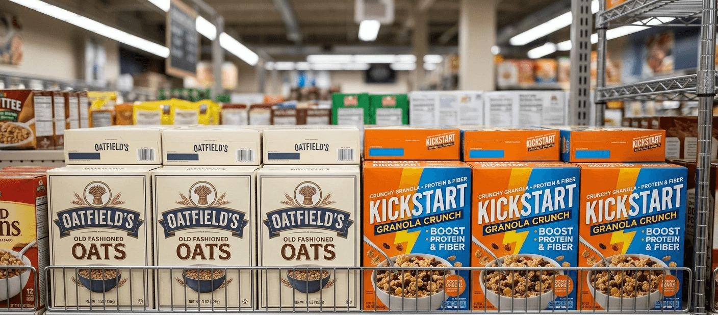 A hyper-realistic photograph of a supermarket shelf displaying two competing product brands side by side.  On the left, Brand A features subtle, classic packaging with a familiar logo and muted colors, conveying trust and recognition. The design is simple and less visually dominant.  On the right, Brand B stands out with bold, vibrant packaging, bright colors, and clear, attention-grabbing messaging. It is positioned at eye level and appears more visually prominent than surrounding products.  The shelf is neatly arranged with multiple units of each brand, creating a clear visual contrast between familiarity and attention-grabbing design.  Shot in realistic retail lighting, straight-on perspective, shallow depth of field, high detail, editorial product photography style, ultra-realistic textures, no people, no text overlay, no branding distortions.
