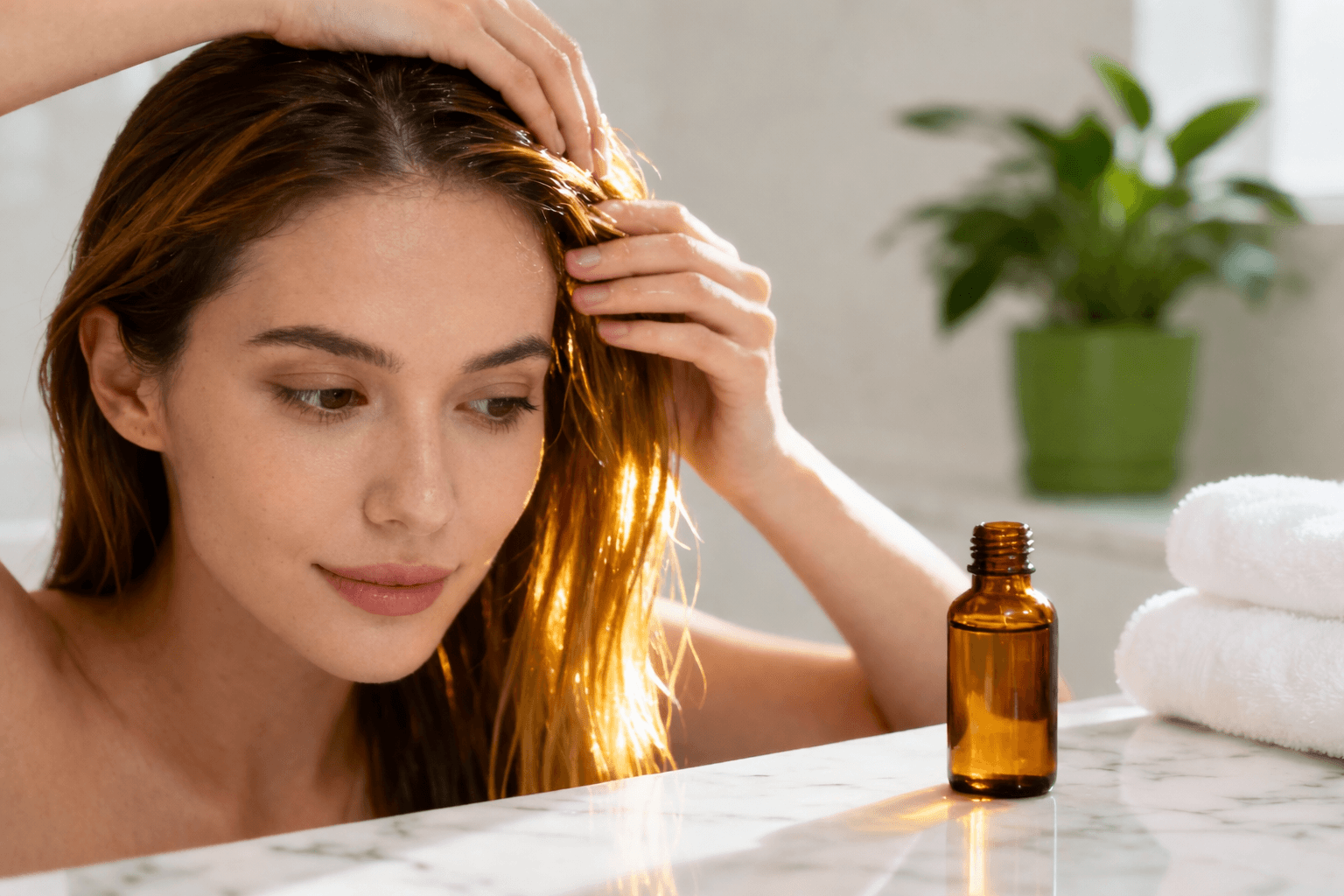 Woman with oil on her hair and scalp