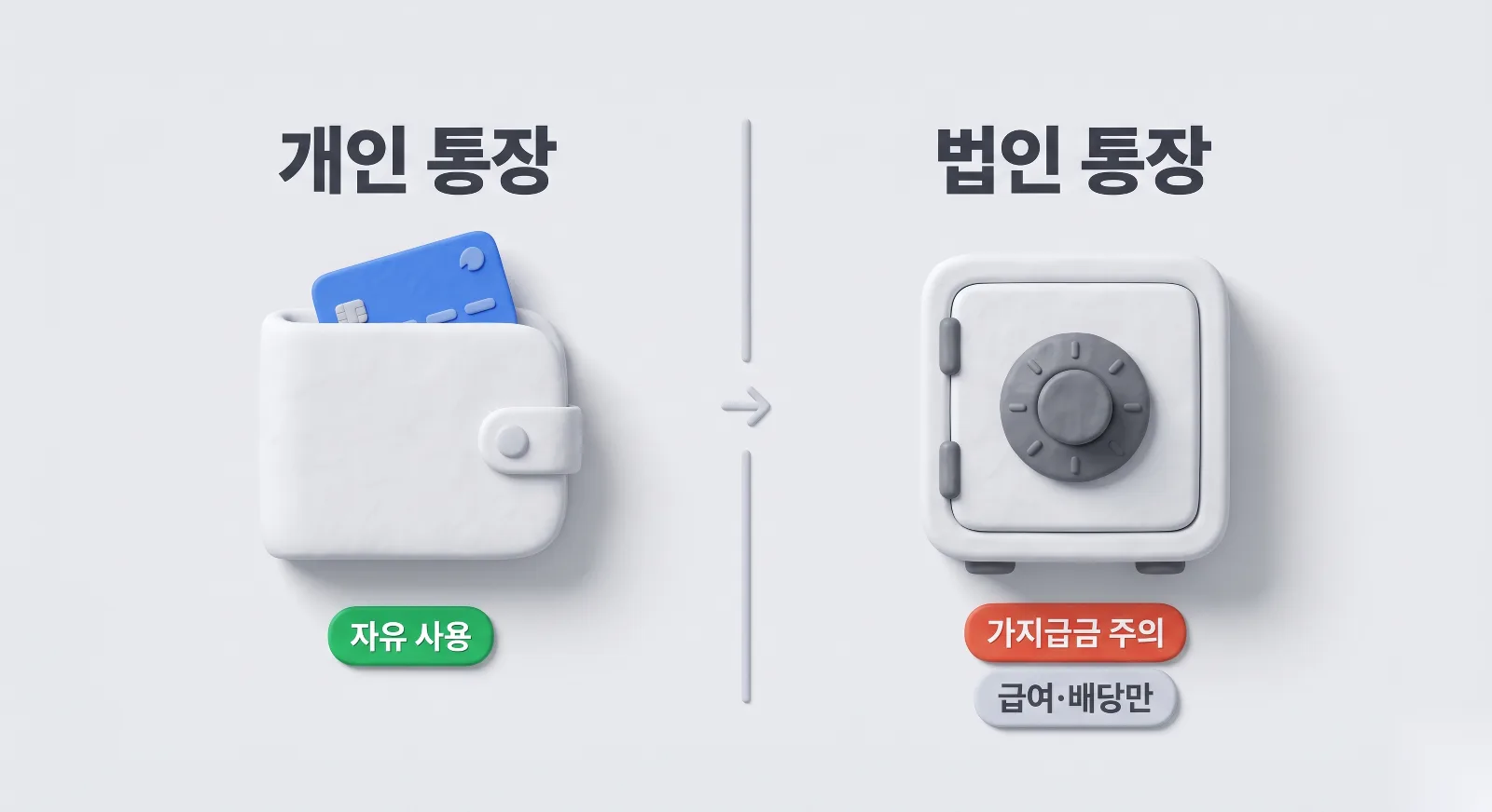개인 통장과 법인 통장의 자금 운용 자유도 차이와 가지급금 주의사항을 비교한 인포그래픽