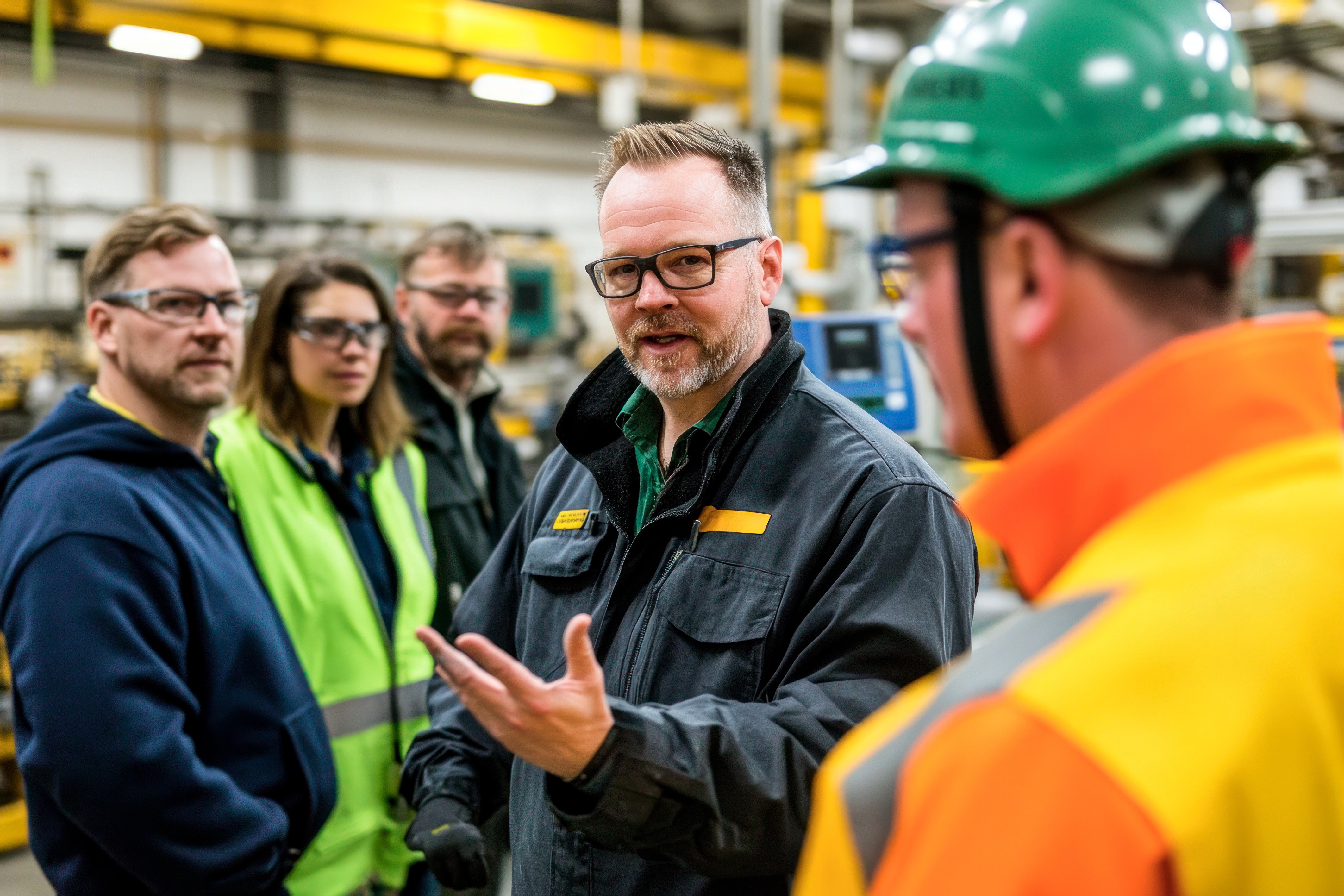 A group of professionals wearing safety vests and work uniforms stacking hands together in a teamwork gesture.
