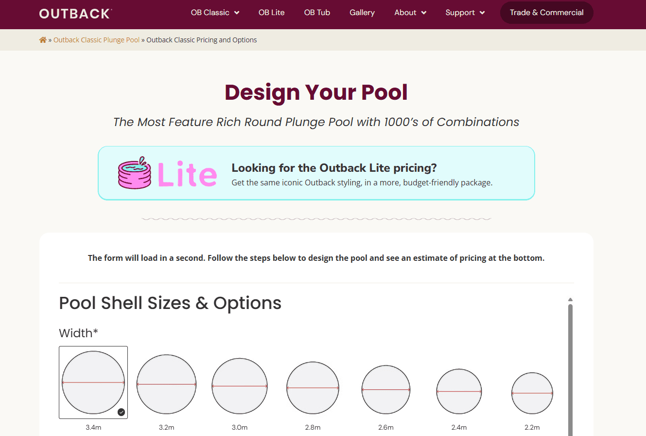 Outback pools logic first product configurator