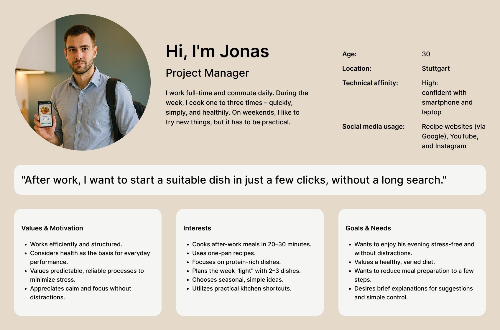 Persona card for Jonas, a busy project manager, showing photo, demographics, key quote, and sections on values, interests, and goals for the recipe app project.