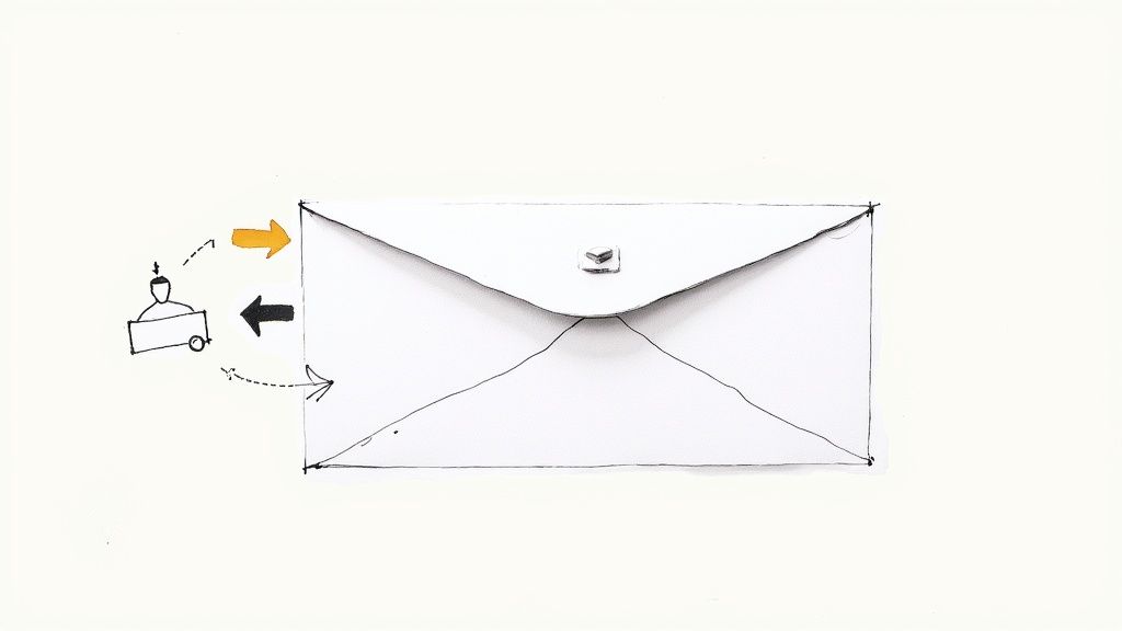 White envelope with button clasp and diagram showing mail delivery process illustration