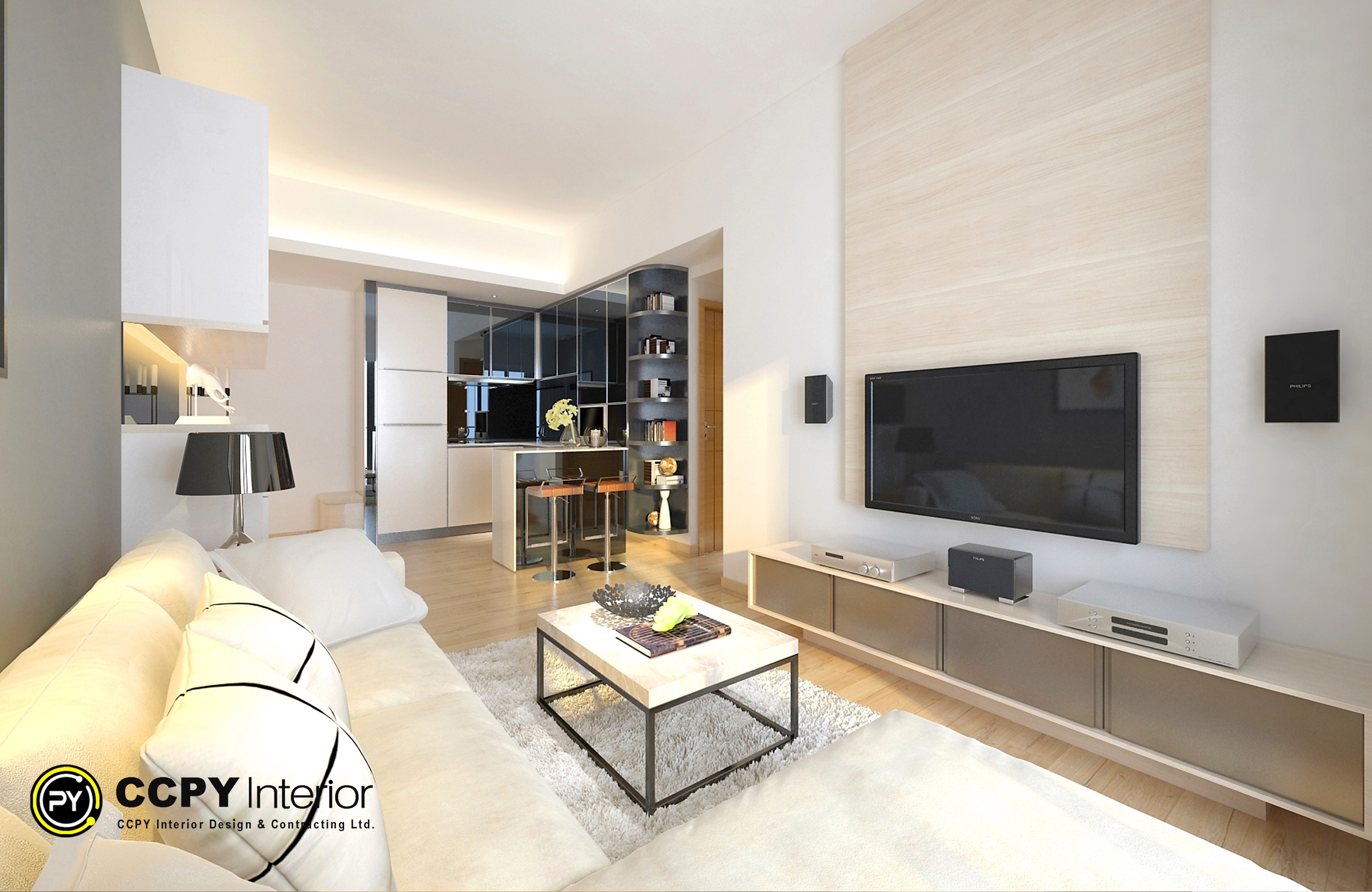 Symmetrical lounge design at Mount Pavilia 20 displaying a patterned rug, leather armchair, and a white marble kitchen island set against dark blue cabinetry.