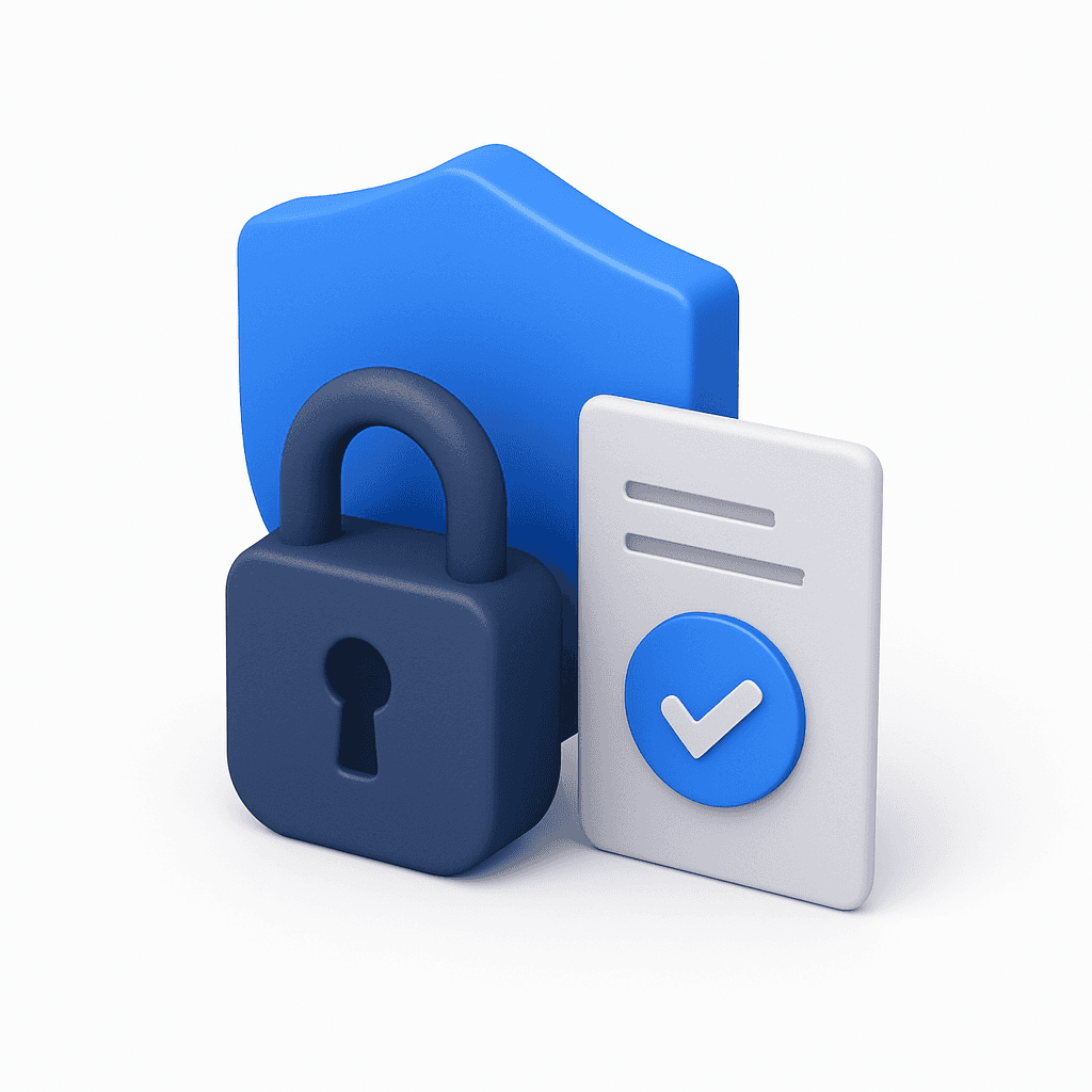 A shield, lock, and document with a checkmark on it. The Image is stylized as a blue 3D logo.