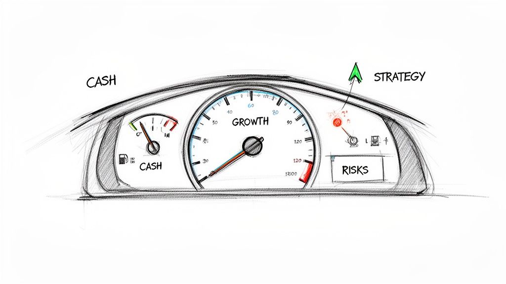 An illustrated car dashboard with gauges for cash, growth, risks, and an upward strategy arrow.