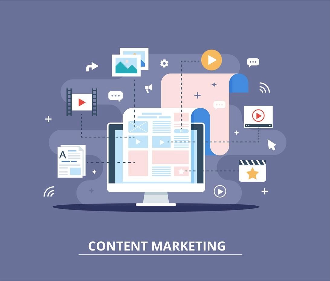 Content marketing illustration showing a desktop with video, image, and media icons